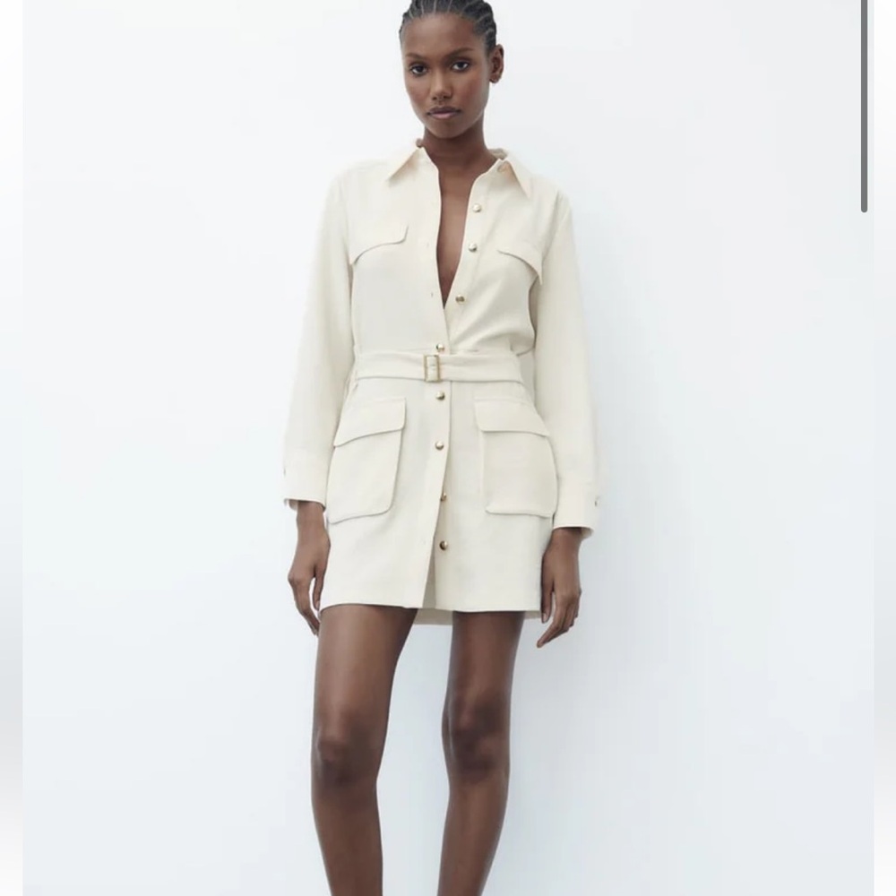 Zara short pocket Cream Belted Dress